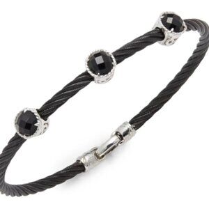 $395 ALOR triple onyx bracelet 18K white gold accents and black stainless steel